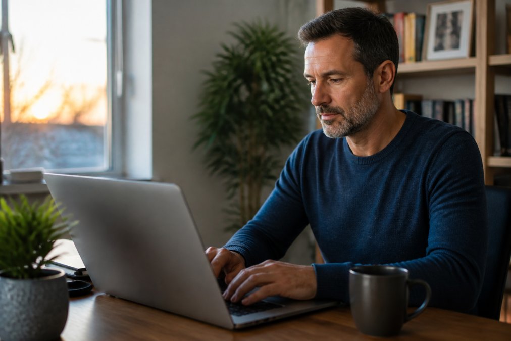 A person in their 40s working on a laptop at a home office desk in the evening, with a cup of coffee nearby and natural window light