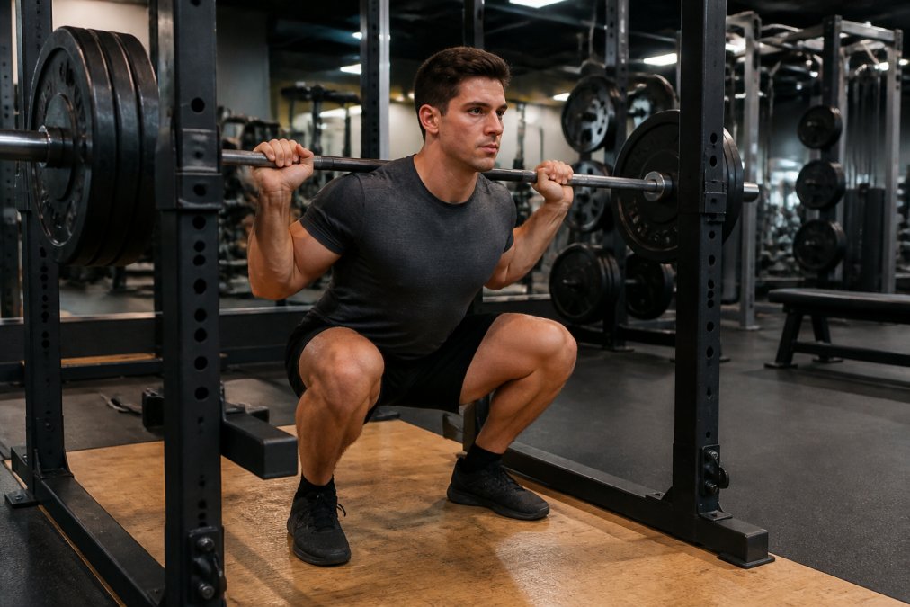Beginner performing a focused barbell squat in a gym for body recomposition training