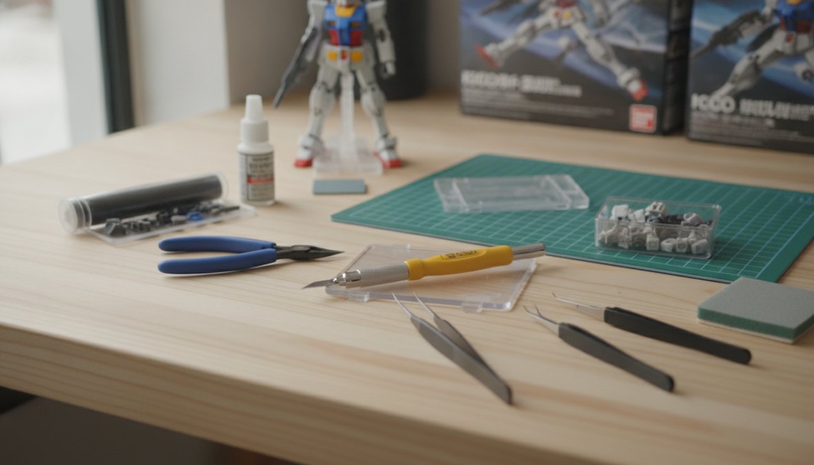 Close-up of a workbench displaying essential Gunpla tools including nippers, hobby knife, sandpaper, masking tape, and paint bottles arranged neatly on a gray surface