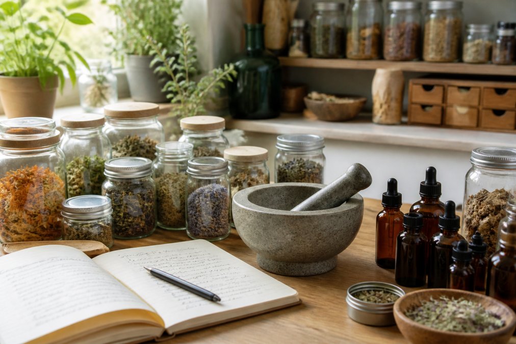 A home workspace for clinical herbalism featuring dried herbs, tincture bottles, a mortar, pestle, and notes.