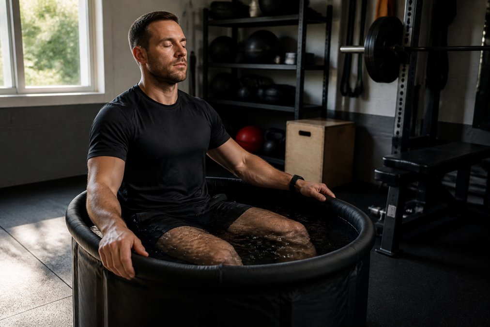 A person in athletic wear sitting on the edge of a portable ice bath tub in a home garage gym, feet lowered into the water, breathing calmly with eyes closed, morning light through a window
