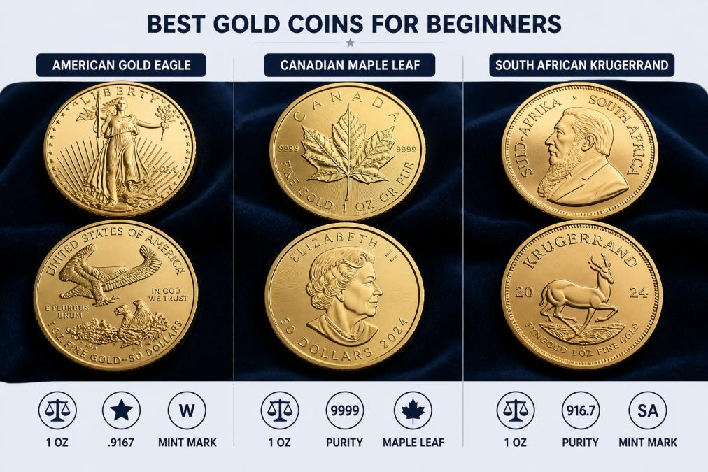 Close-up of various gold coins arranged on a dark velvet surface, showing American Gold Eagles with their distinctive eagle reverse design, Canadian Maple Leafs with detailed leaf engravings, and South African Krugerrands with Paul Kruger's profile, with natural studio lighting highlighting mint marks and surface detail