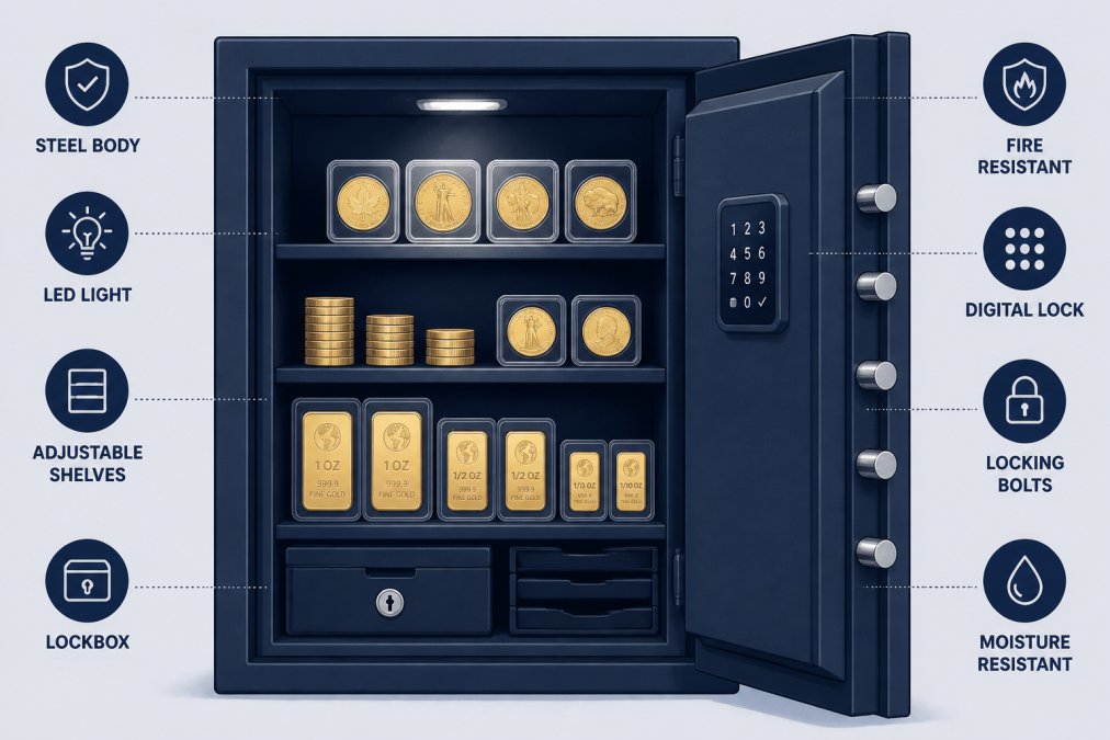 Interior view of an open home wall safe with multiple shelves displaying organized gold coins and bars in protective sleeves, with proper lighting showing security features and organized storage compartments