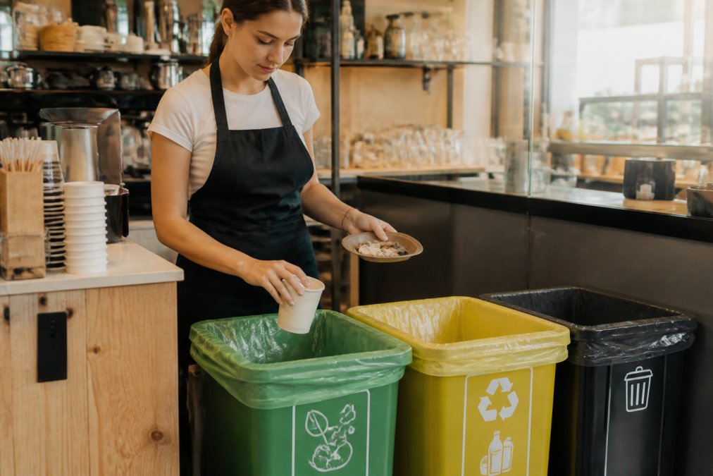 A cafe barista placing a compostable coffee cup and food scraps into a clearly labelled green organics bin behind a counter, with separate bins for recycling and landfill visible nearby, warm natural lighting