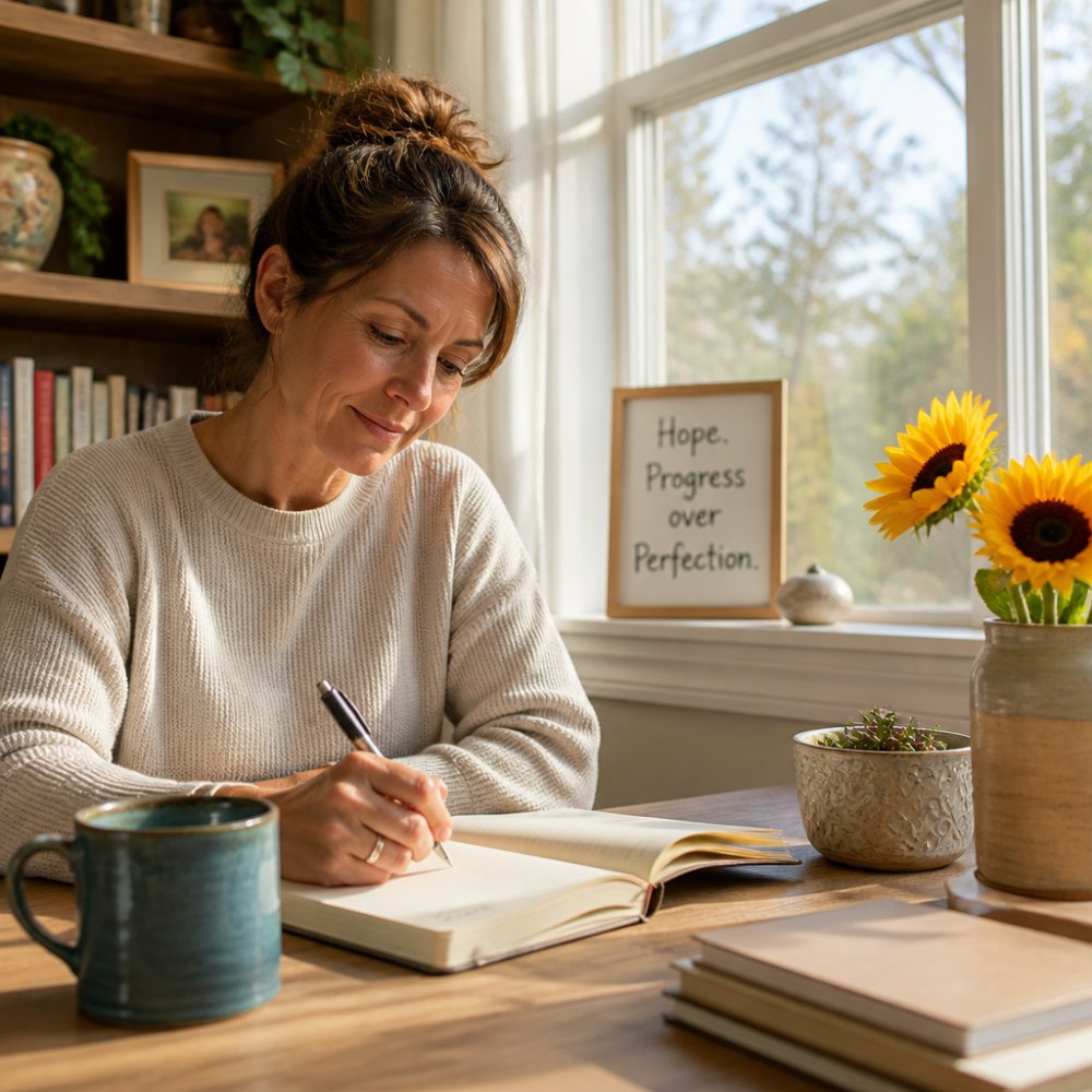 Educator sitting at a desk with a warm mug and open journal during a quiet morning moment, soft natural light coming through a window