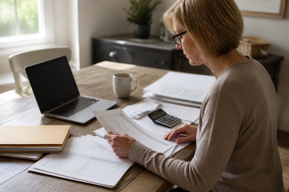 Person sitting at a home desk with financial documents, calculator, and laptop, organizing estate inventory materials and asset lists under warm natural lighting
