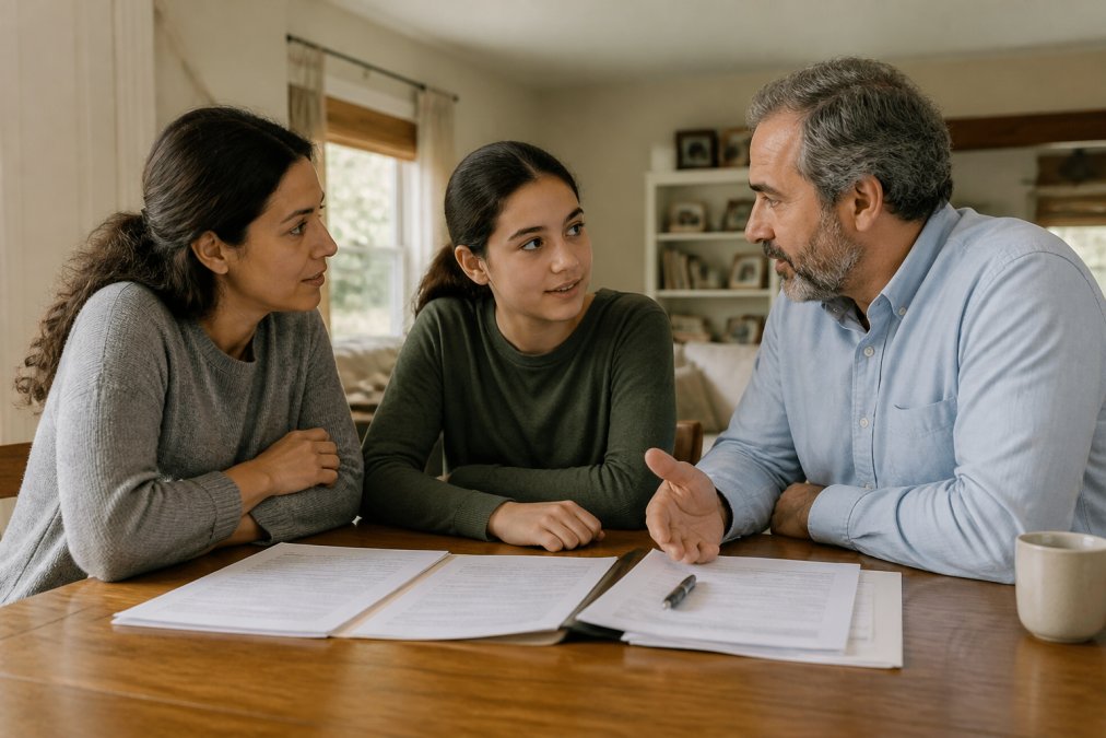 Family of three having a calm conversation at a dining table with legal documents visible, discussing future plans and estate decisions together in natural home lighting