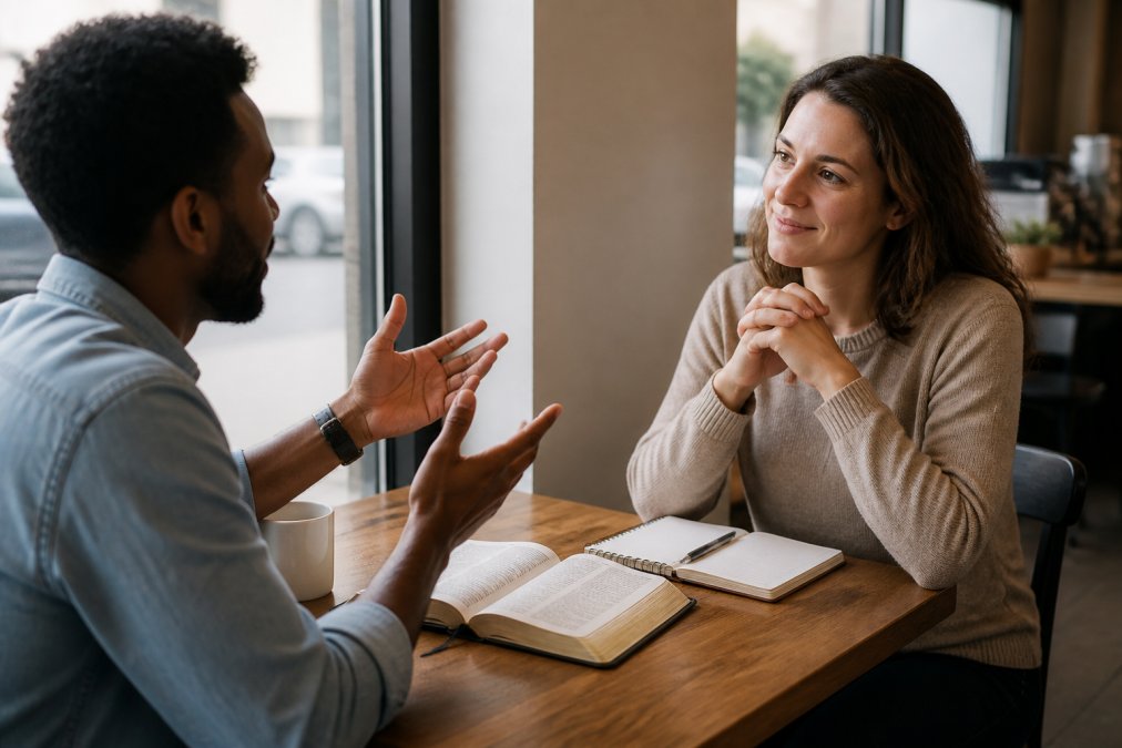 Two people sitting across from each other at a coffee shop table, one person gesturing openly while the other listens with a warm, engaged expression. A Bible and a notebook sit on the table between them. Natural window light.