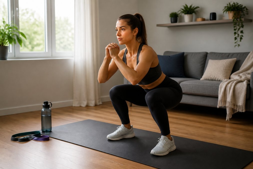 A beginner exerciser performing a bodyweight squat in a living room with a yoga mat, water bottle, and resistance bands nearby, natural light coming through a window