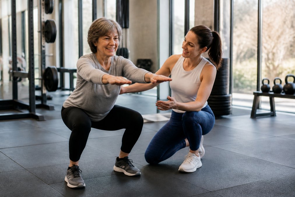 A smiling woman in her late 50s performing a bodyweight squat with proper form in a bright, welcoming gym, with a coach kneeling nearby offering encouragement and spotting her form