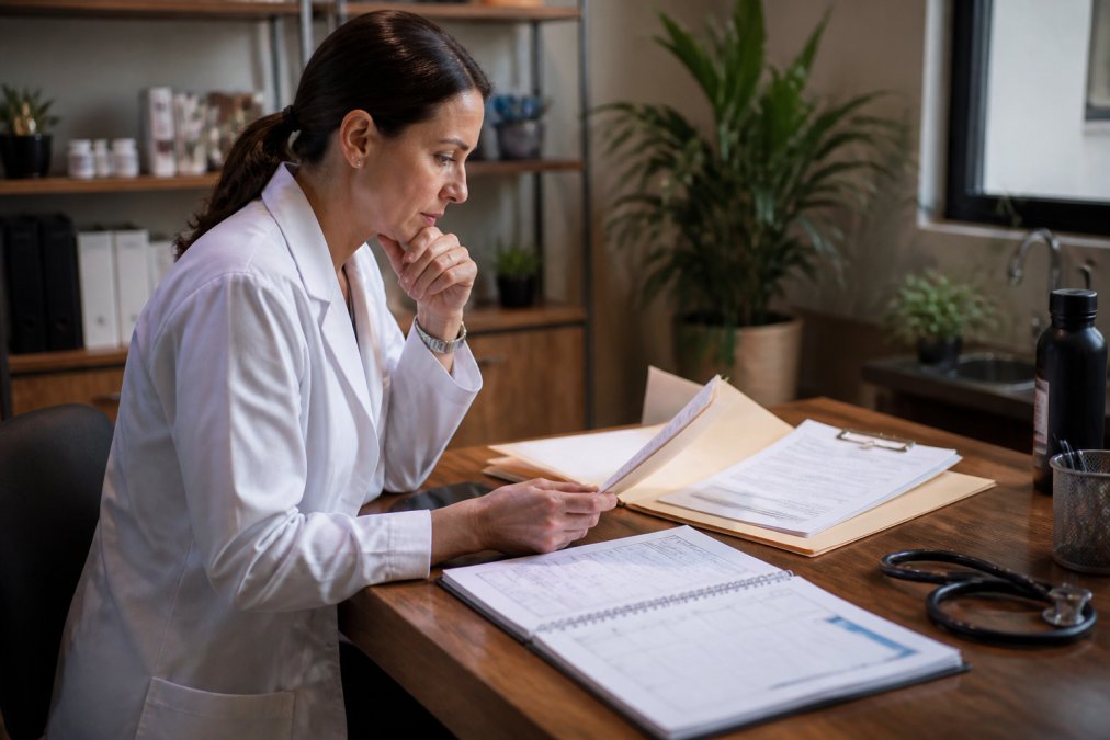 Healthcare professional reviewing practice management software on computer screen, with medical records, scheduling calendar, and billing documents visible on desk in organized clinical workspace