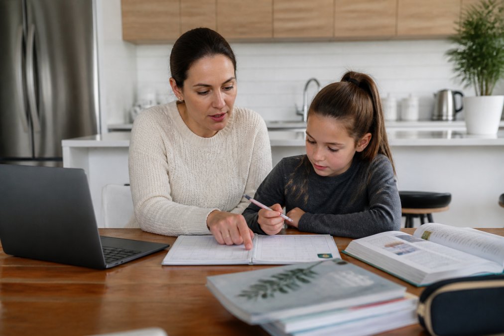 A parent and primary school-aged child sitting at a kitchen table with books, a laptop, and a paper planner, working on a lesson together in a bright Australian home