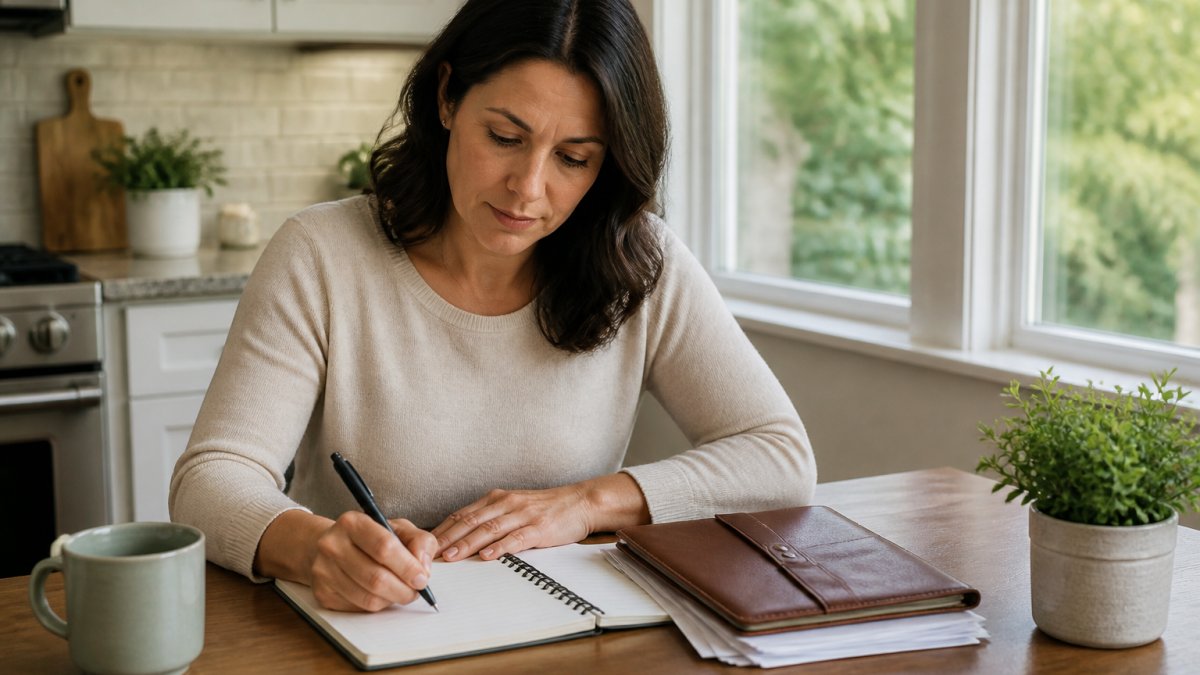 A woman in her 40s sitting at a kitchen table with a notebook and pen, reviewing a list of symptoms and questions before a doctor's appointment, warm natural light