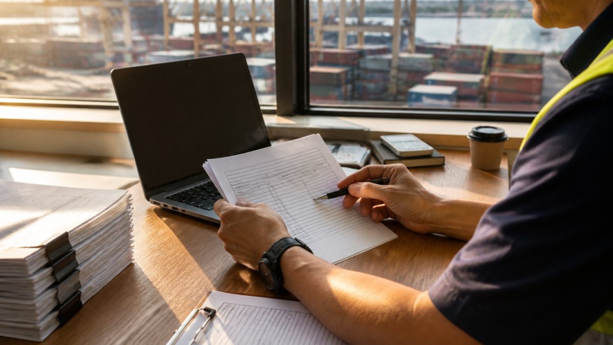 A customs broker at a desk reviewing a commercial invoice and packing list beside a laptop, with a container terminal visible through the office window in soft daylight