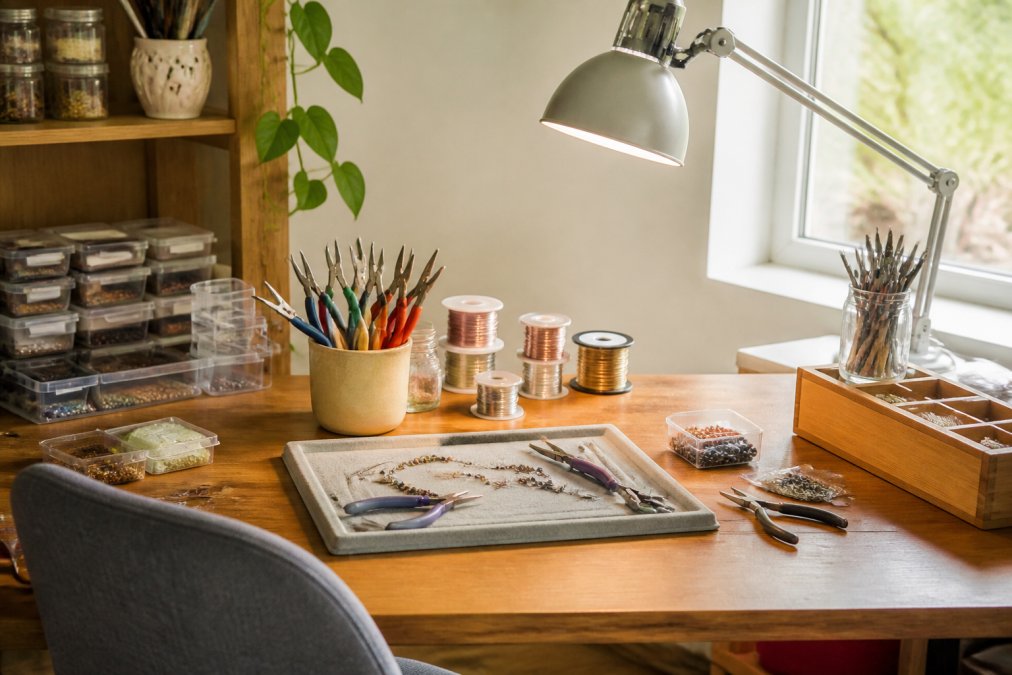 An organized home jewelry-making workspace with pliers, wire spools, and small containers of beads arranged on a compact desk, lit by a bright daylight lamp and natural window light