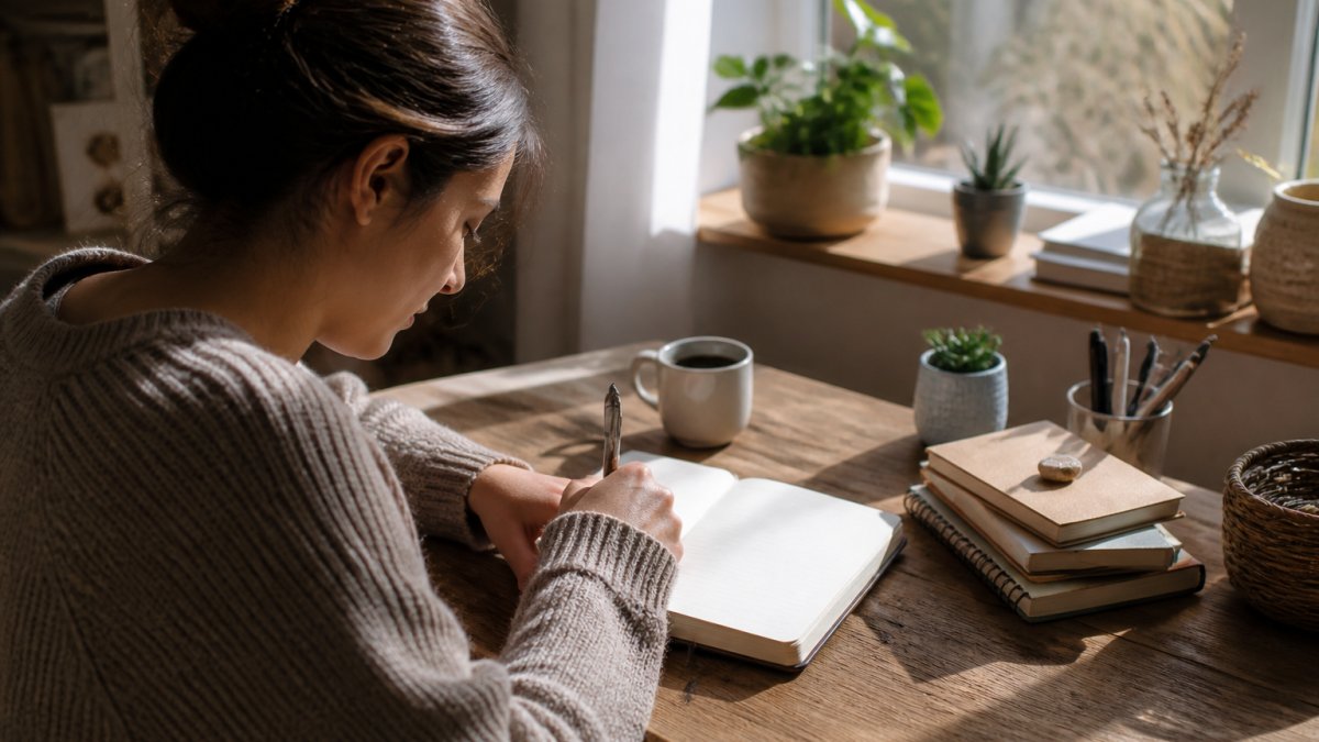 Person sitting at a desk with an open notebook and pen, writing in morning sunlight near a window with a warm beverage on the desk
