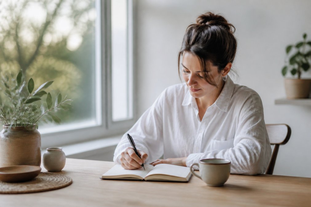 A person sitting at a calm, minimalist desk writing in an open journal with a cup of tea nearby, soft natural light coming through a window