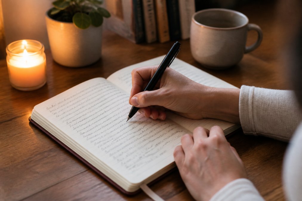 Close-up of a person's hands writing in a journal with a pen, handwritten notes visible on cream-colored pages, warm lamplight in a cozy home setting