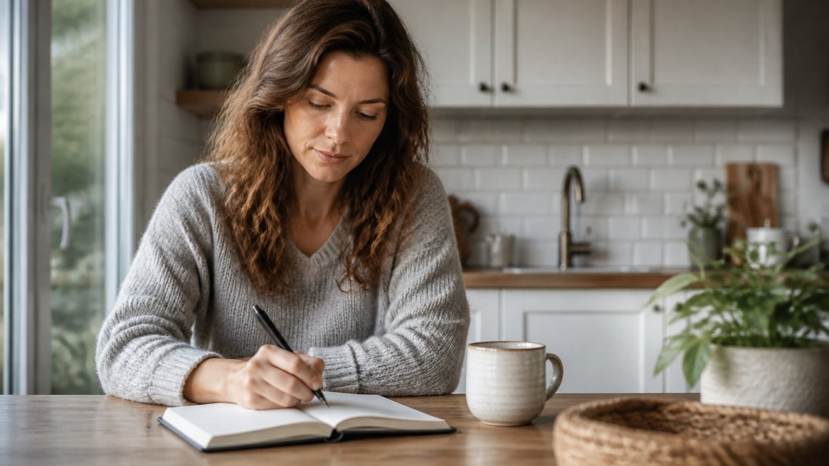 A woman in her thirties sitting at a kitchen table early in the morning with a notebook and pen, a mug of coffee nearby, soft natural light, calm and unhurried mood