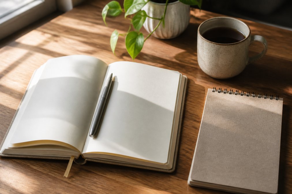 Flat lay of open minimalist journal with pen, coffee cup, and notepad on wooden desk with natural morning light streaming across the surface