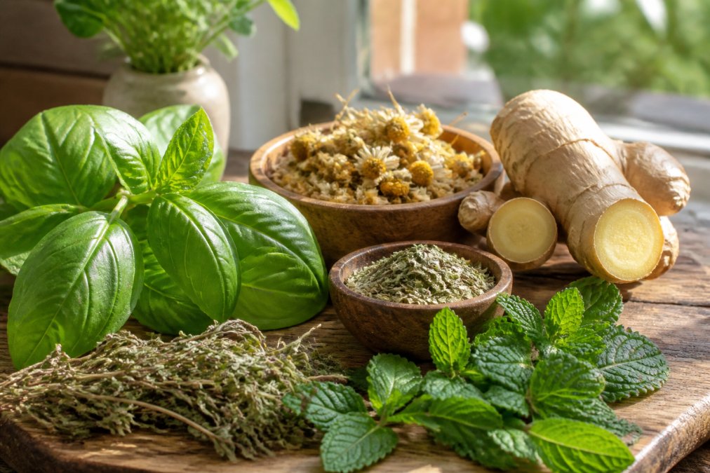 Close-up of fresh and dried herbs arranged on a wooden surface, including basil, chamomile, ginger root, and peppermint leaves with natural morning sunlight