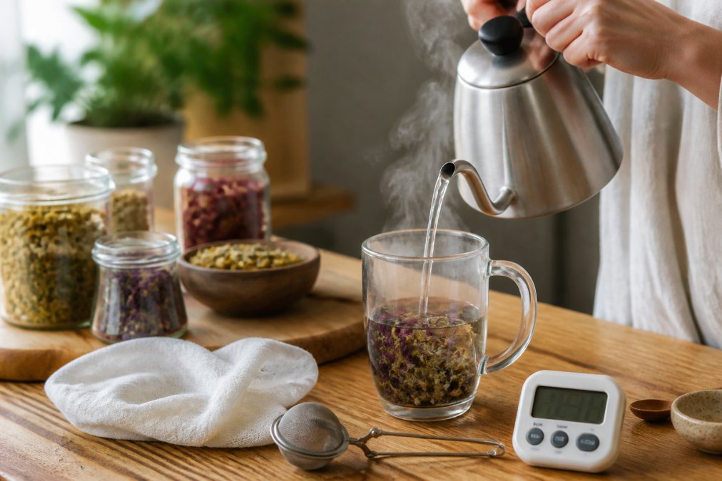 Hands pouring hot water from a kettle into a glass mug containing dried herbs, steam rising visibly, with a timer and cheesecloth visible on a wooden counter