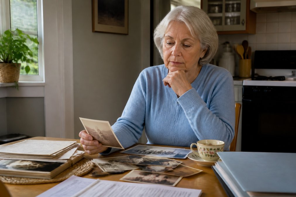 Older adult sitting at a kitchen table with family photos, documents, and a cup of tea, looking thoughtful and prepared