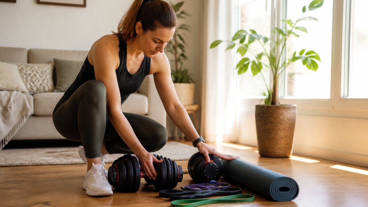 Beginner setting up a home gym with adjustable dumbbells and resistance bands for lifting weights at home.