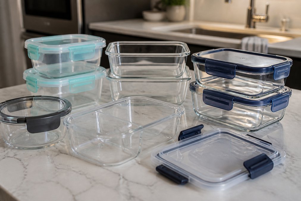 Various clear glass and plastic meal prep containers with different portion sizes and compartments arranged on a kitchen counter, showing removable lids, measurement markings, and organized arrangement