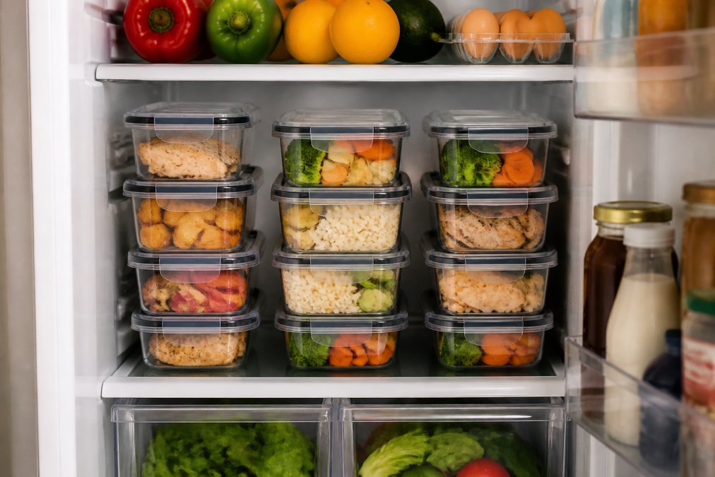 Open refrigerator shelf displaying neatly organized meal prep containers with handwritten date labels, stacked efficiently with fresh vegetables and prepared proteins visible in clear containers