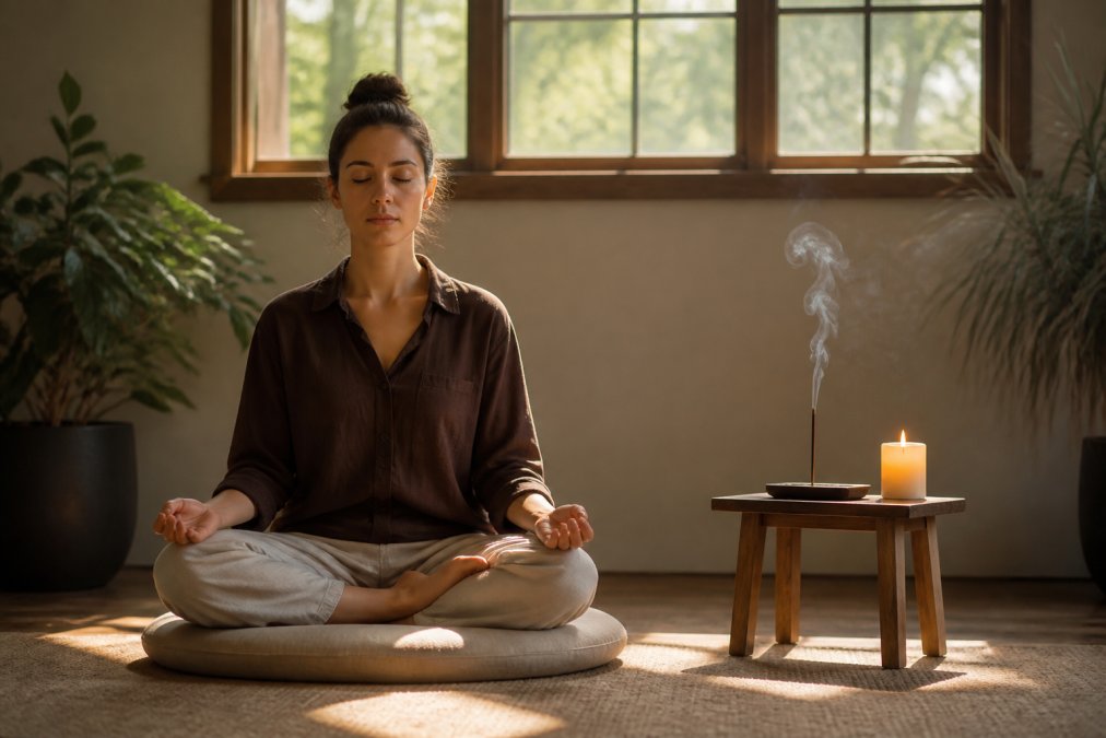 A person sitting cross-legged on a floor cushion in a quiet, sunlit room, eyes closed, with a small side table holding a lit candle and a thin curl of incense smoke rising beside them
