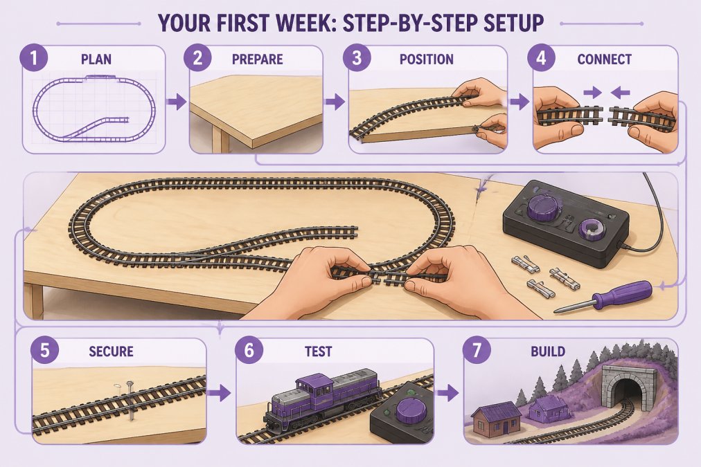 Step-by-step diagram showing how to start model railroading by assembling track pieces on a wooden layout board.