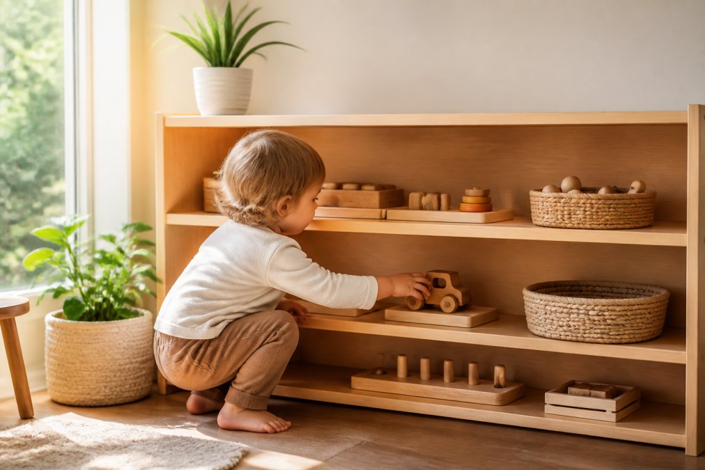 Toddler reaching for a wooden toy on a Montessori shelf to start montessori learning at home