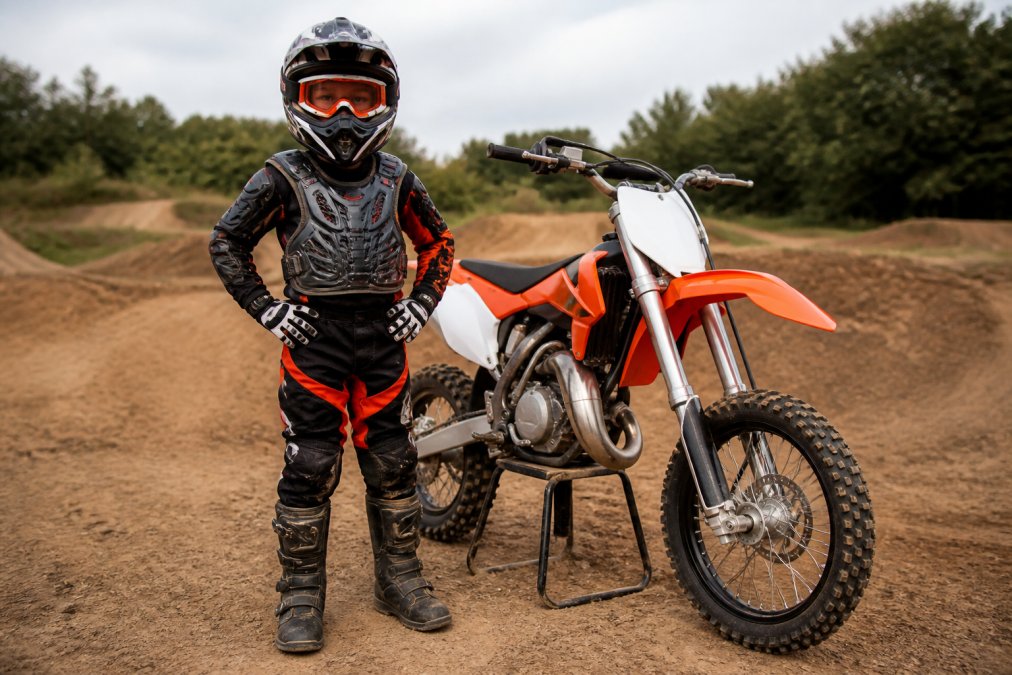 Young motocross rider fully dressed in protective gear including DOT-certified helmet with goggles, chest protector, riding boots, and gloves, standing confidently next to a dirt bike in natural outdoor lighting