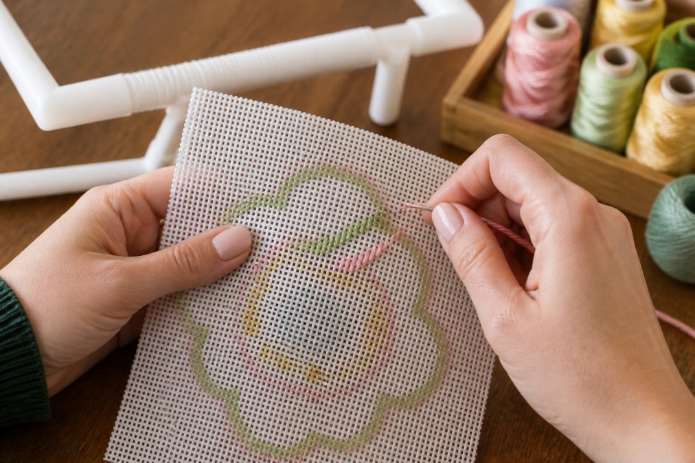 Close-up of hands holding a needlepoint canvas with a tapestry needle and colorful thread, showing the first stitches being made on a painted canvas, with a needlepoint frame and thread spools visible in the background on a wooden table
