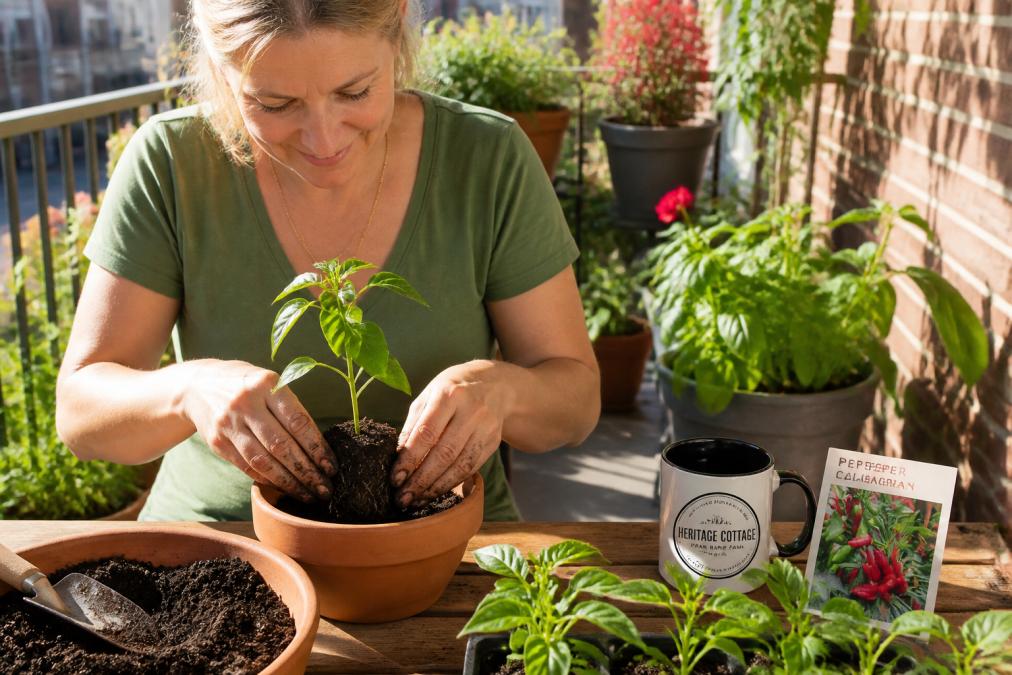 A cheerful gardener on a sunny back porch potting up a small pepper seedling into a terracotta container, with other container plants visible in the background and bright afternoon sunlight casting warm shadows