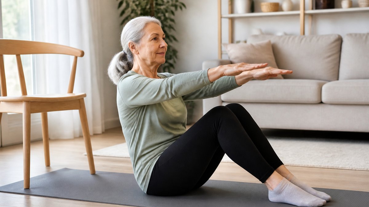 A senior woman in comfortable clothing performing a gentle Pilates exercise on a mat in a bright living room, with a chair nearby for support and a calm, focused expression