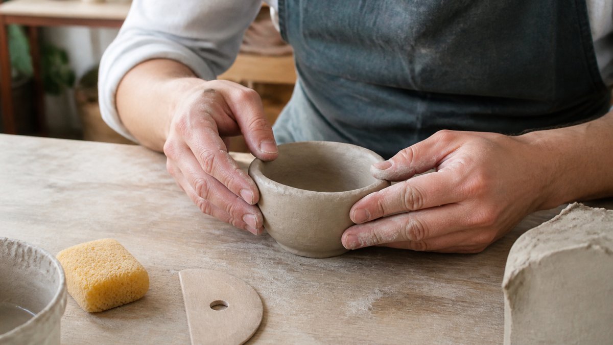 A close-up photo of a person's hands shaping a small clay pinch pot on a wooden table, with a wooden rib and sponge nearby in a bright studio
