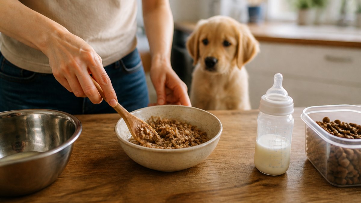 A close-up, warm photograph of a person's hands gently mixing puppy food with a milk replacer in a small ceramic bowl on a kitchen counter, with a small puppy watching with interest from the background