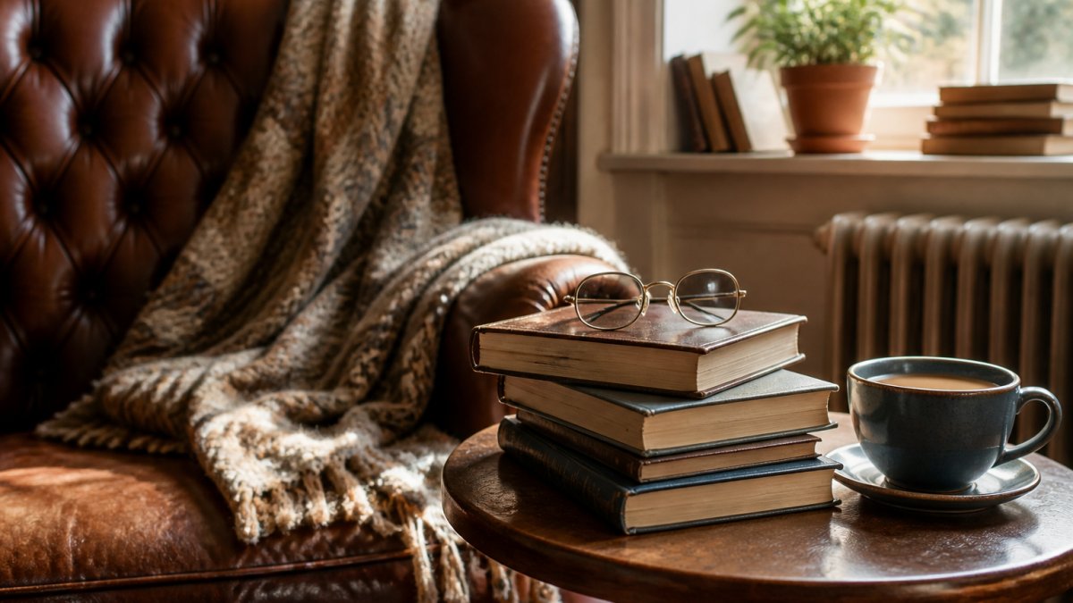 A cosy reading nook with a stack of crime novels, a cup of tea, and reading glasses on a side table, warm afternoon light