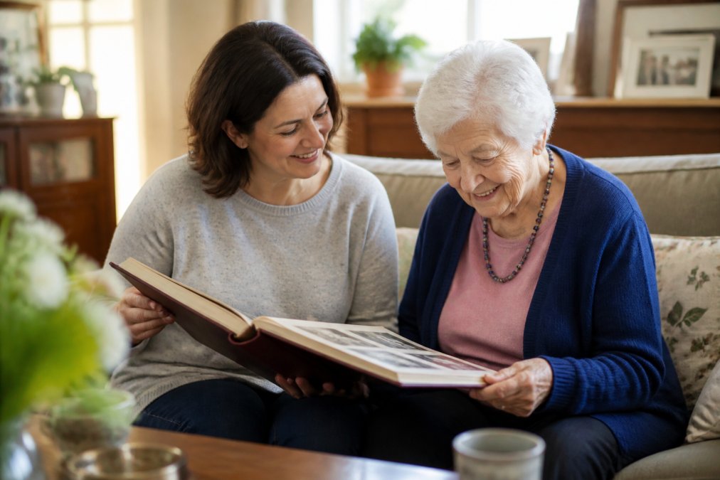 An adult daughter sitting beside her elderly mother on a sofa, gently showing her a large hardcover book filled with old photographs while they both smile warmly in a sunlit living room