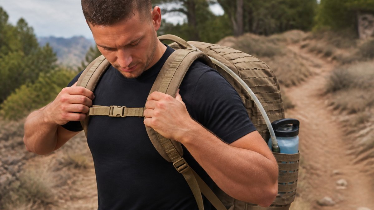 Person adjusting the padded shoulder straps of a loaded ruck pack on a trail with a visible hydration bladder.