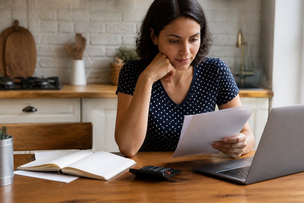Young adult reviewing a retirement savings chart to start saving for the future at a kitchen table