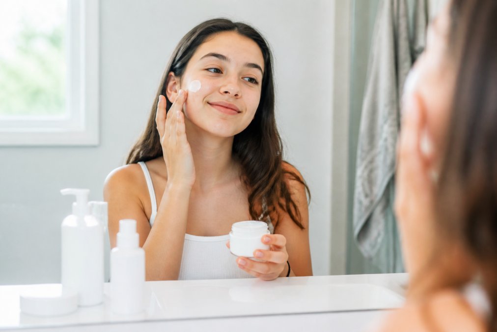 A happy teenage girl with clear skin applying a lightweight moisturizer in a bright, clean bathroom, with a simple white skincare set visible on the counter