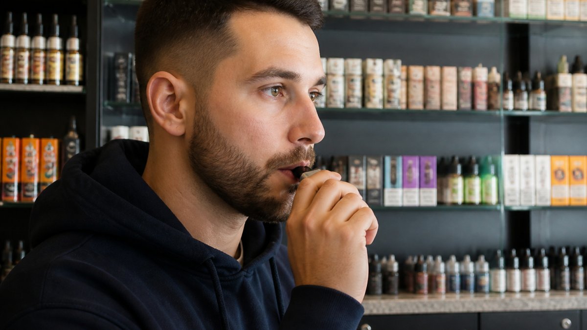 Person demonstrating proper mouth-to-lung vaping technique with a pod system device, hand positioned near mouth showing correct posture and device angle in natural lighting