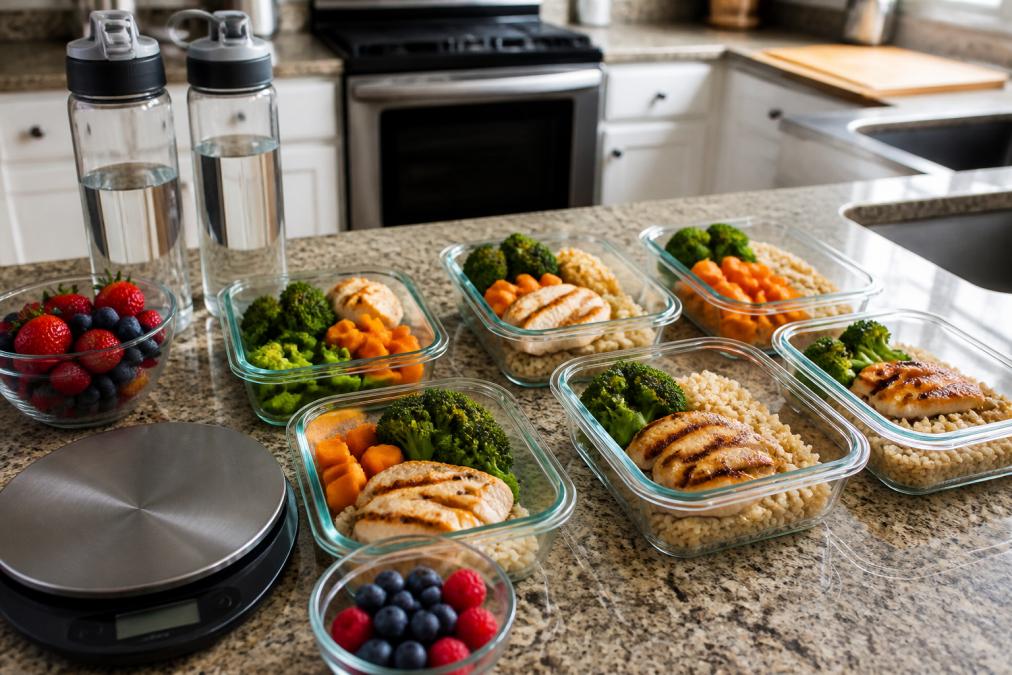 Bright kitchen counter with meal prep containers filled with grilled chicken breast, brown rice, roasted broccoli, sweet potatoes, and fresh berries in glass bowls, water bottles and a food scale visible