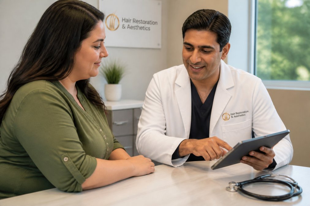 A patient sitting with a physician in a bright, modern consultation room, reviewing a treatment plan on a tablet, with a stethoscope resting on the desk
