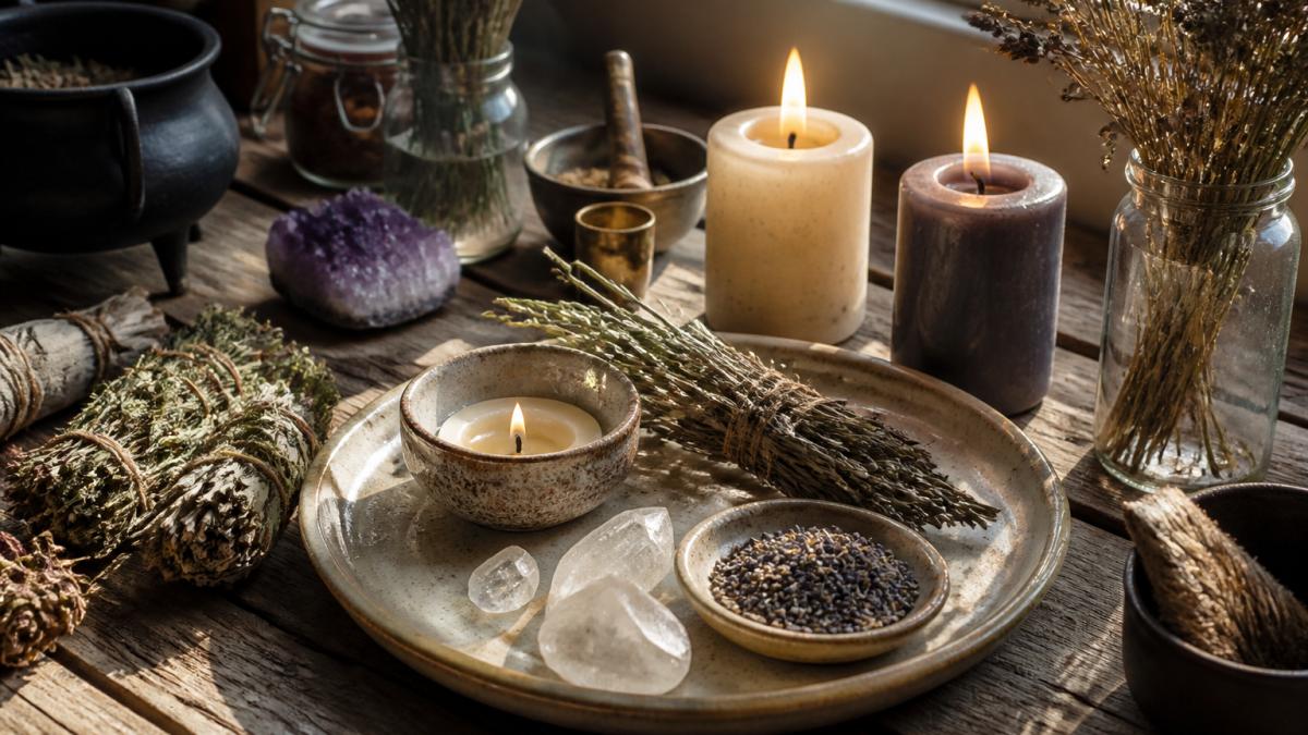 Serene altar space with hand-poured candles, dried herbs bundled with twine, clear quartz crystals, and a ceramic ritual tray arranged on weathered wood with soft morning sunlight casting long shadows
