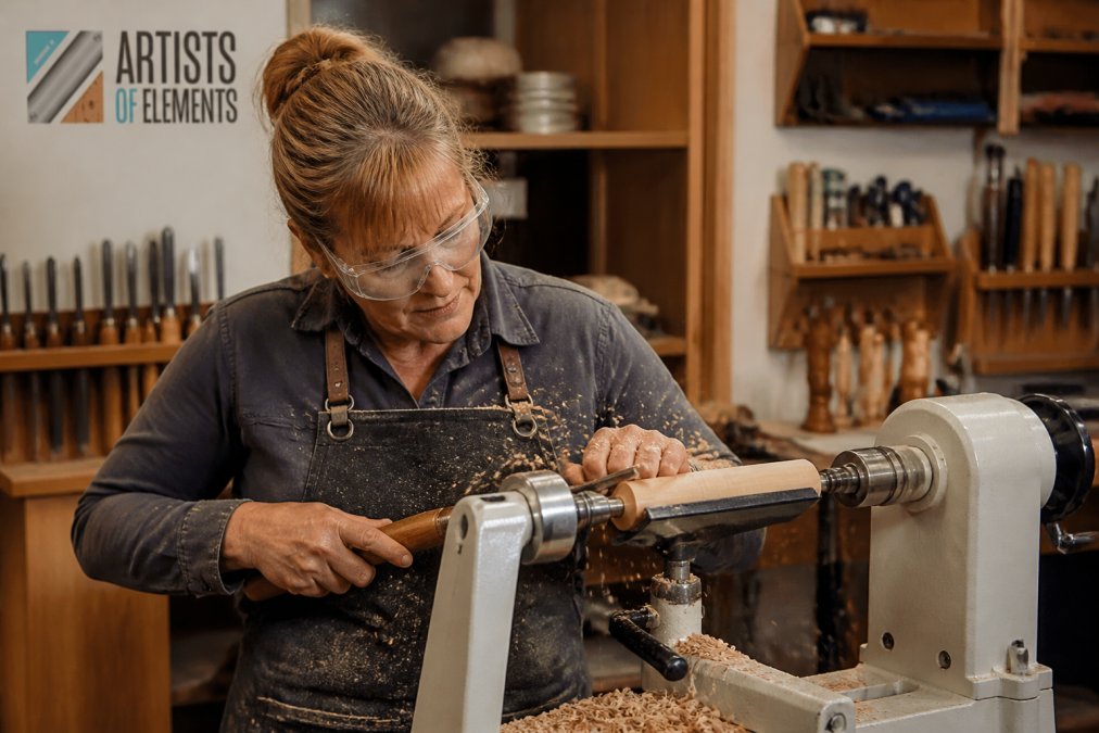 Woodturner using a gouge to shape a spinning blank during wood pen turning with safety glasses visible