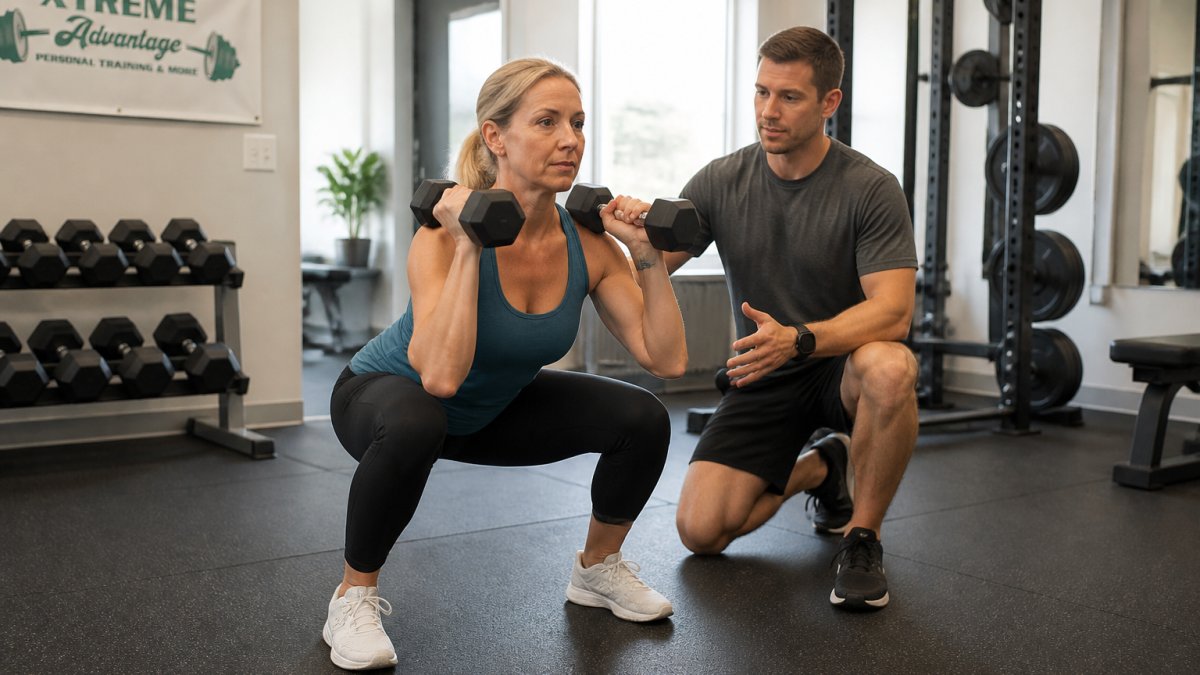 Beginner performing dumbbell exercise with proper form in bright, welcoming gym environment with supportive trainer nearby